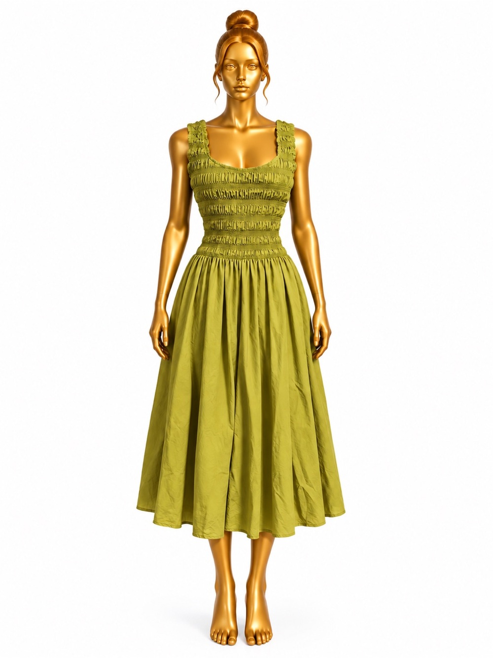 Fashion Nova Large Tennis Ball Green Smocked Midi Dress Pockets Ruffle Strap